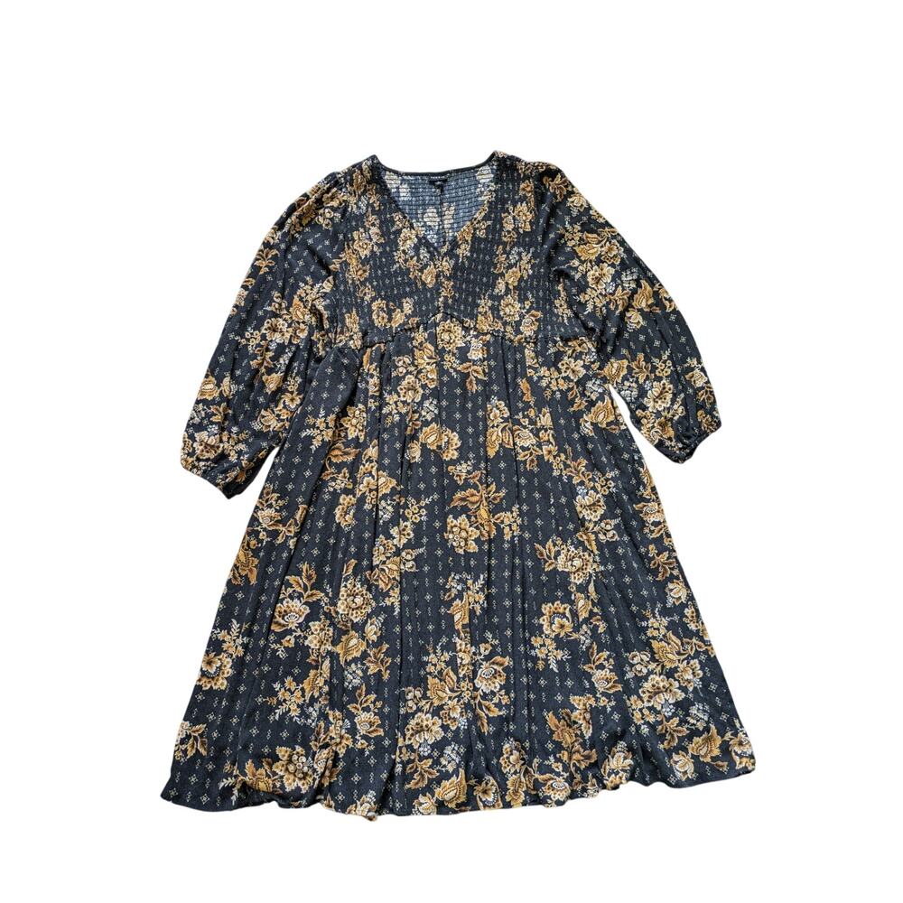 Torrid Gauze Smocked Midi Dress Womens 3X Black Floral Long Sleeve Dark Romantic